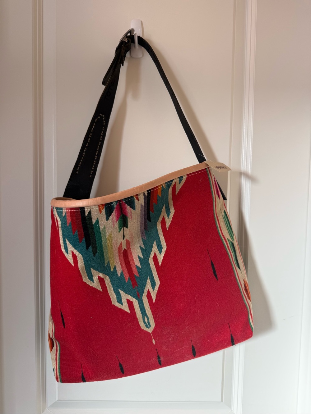Red Patterned Canvas Shoulder Bag with Black Strap
